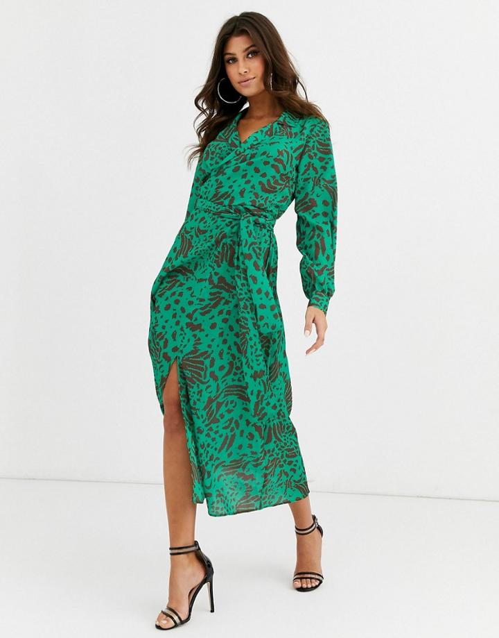 Asos Design Wrap Front Midi Dress In Abstract Animal Print - Multi