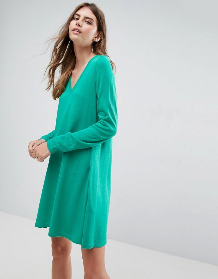 Asos Knitted Swing Dress With V Neck - Green