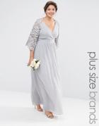 Lovedrobe Wrap Front Pleated Maxi Dress With Lace Sleeve - Gray