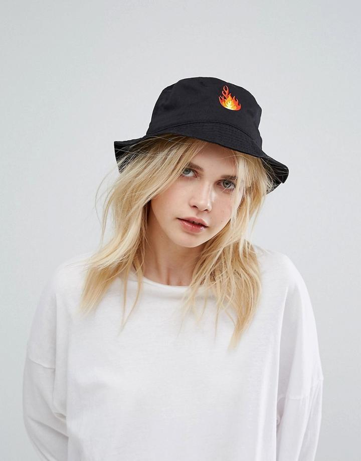 Adolescent Bucket Hat With Flame Embroidery - Black