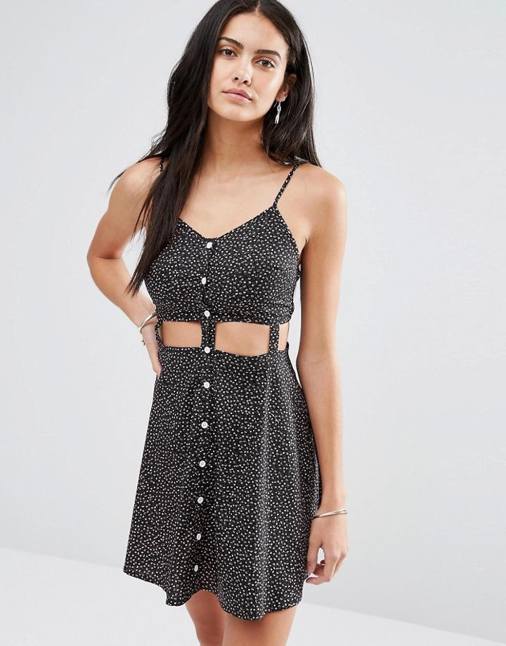 Missguided Cut Out Waist Button Front Ditsy Dress - Black