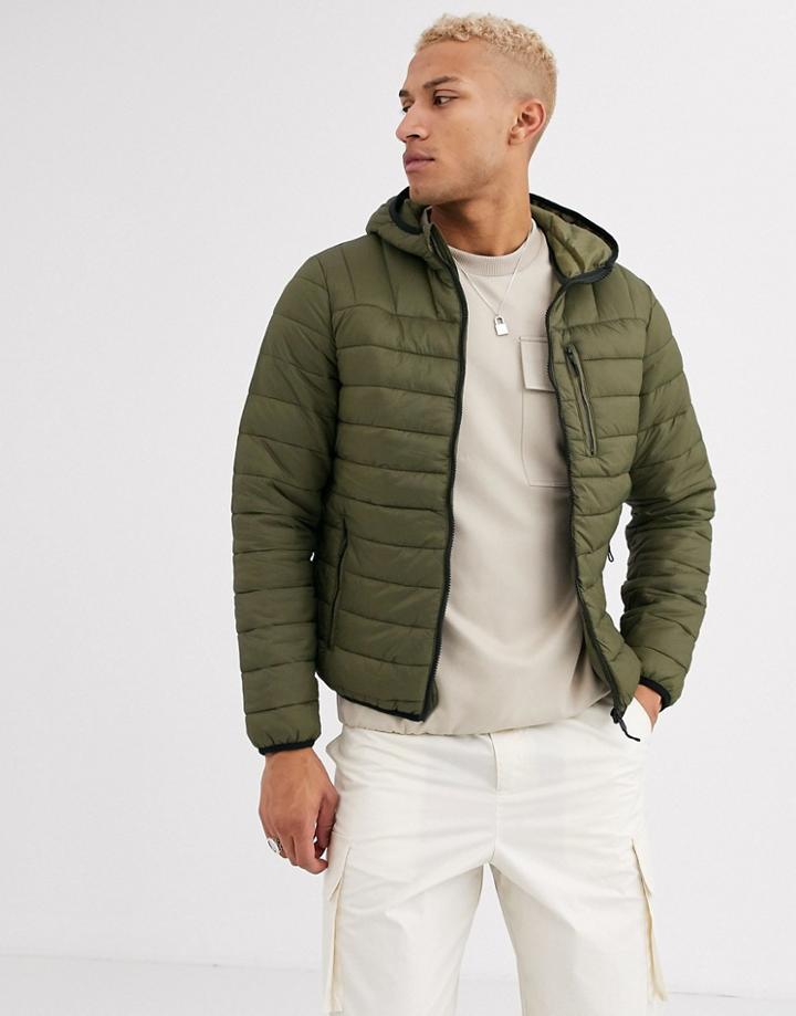 Bershka Hooded Puffer Jacket In Khaki-green