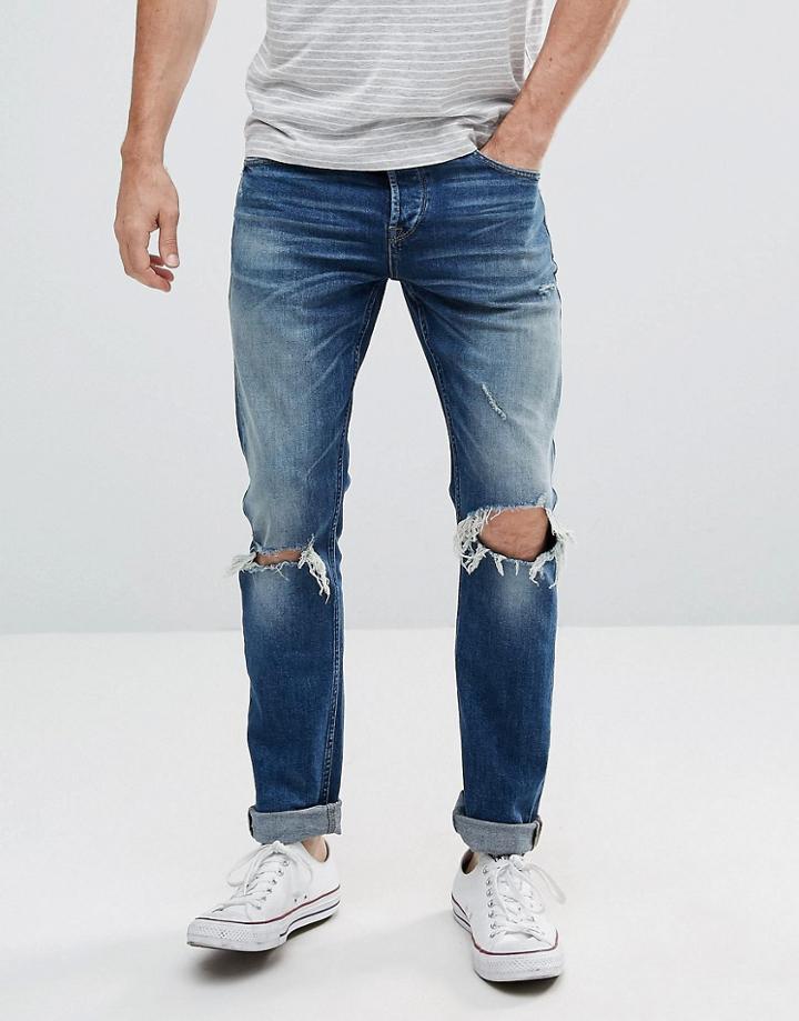 Only & Sons Skinny Jeans With Repair Knee Details - Blue