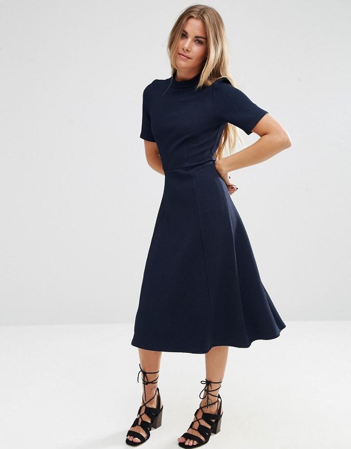 Asos Textured Midi Dress With High Neck - Navy