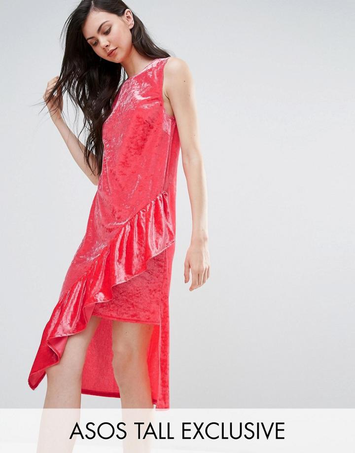 Asos Tall Asymmetric Ruffle Velvet Midi Dress - Pink
