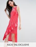Asos Tall Asymmetric Ruffle Velvet Midi Dress - Pink