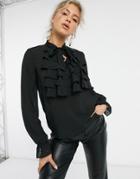 Naanaa Ruffle Front Blouse In Black