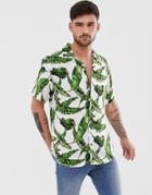 Only & Sons Leaf Print Shirt With Revere Collar-white