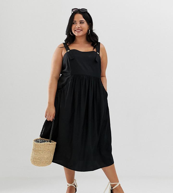 Asos Design Curve Overall Midi Sundress With Pocket Detail-black