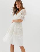 Needle & Thread Embroidered Midi Dress With Flutter Sleeve In Ivory-white