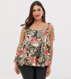 Asos Design Curve Tie Shoulder Satin Swing Cami In Tropical Leaf Print-multi