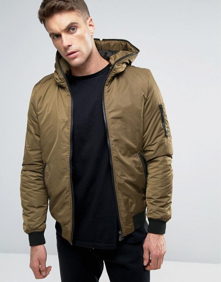 Pull & Bear Ma1 Bomber Jacket With Hood In Khaki - Green