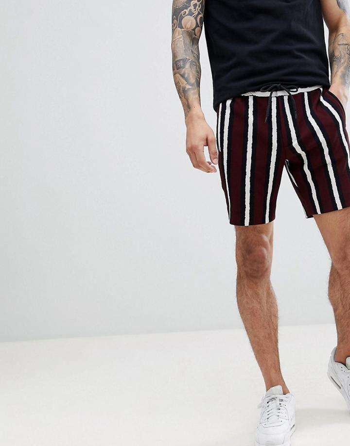 Asos Design Slim Mid Length Shorts In Bold Stripe - Red