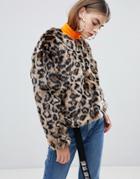 Bershka Faux Fur Leopard Jacket In Multi - Multi