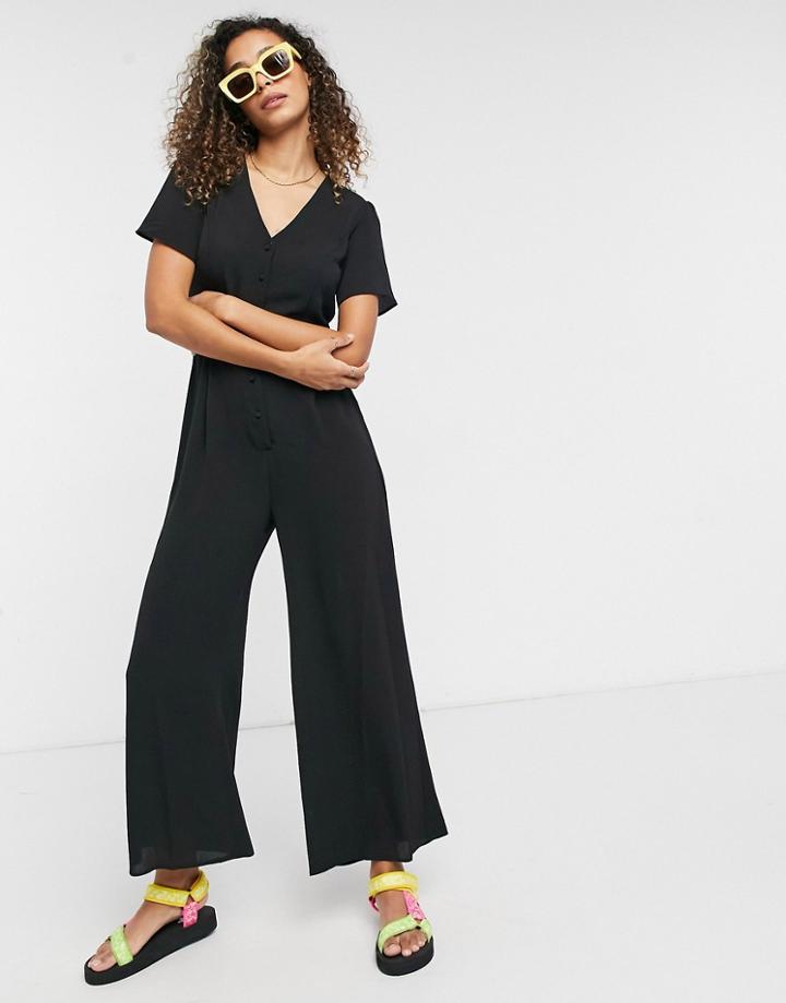 Asos Design Bubble Crepe Short Sleeve Tea Culotte Jumpsuit In Black-blues