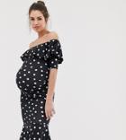 Bluebelle Maternity Bardot Dress With Frill In Polka Dot Print - Multi