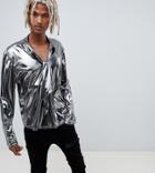 Reclaimed Vintage Inspired Metallic Pussy Bow Shirt - Silver