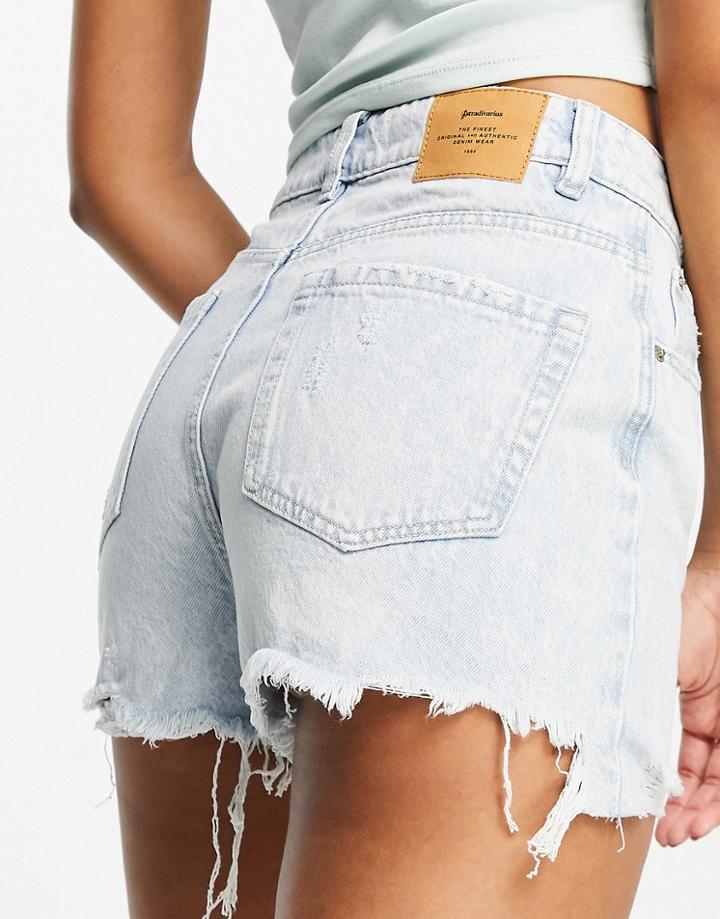 Stradivarius Ripped Mom Short In Light Wash-blues