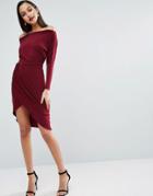 Asos Slinky Off Shoulder Midi Bodycon Dress - Red