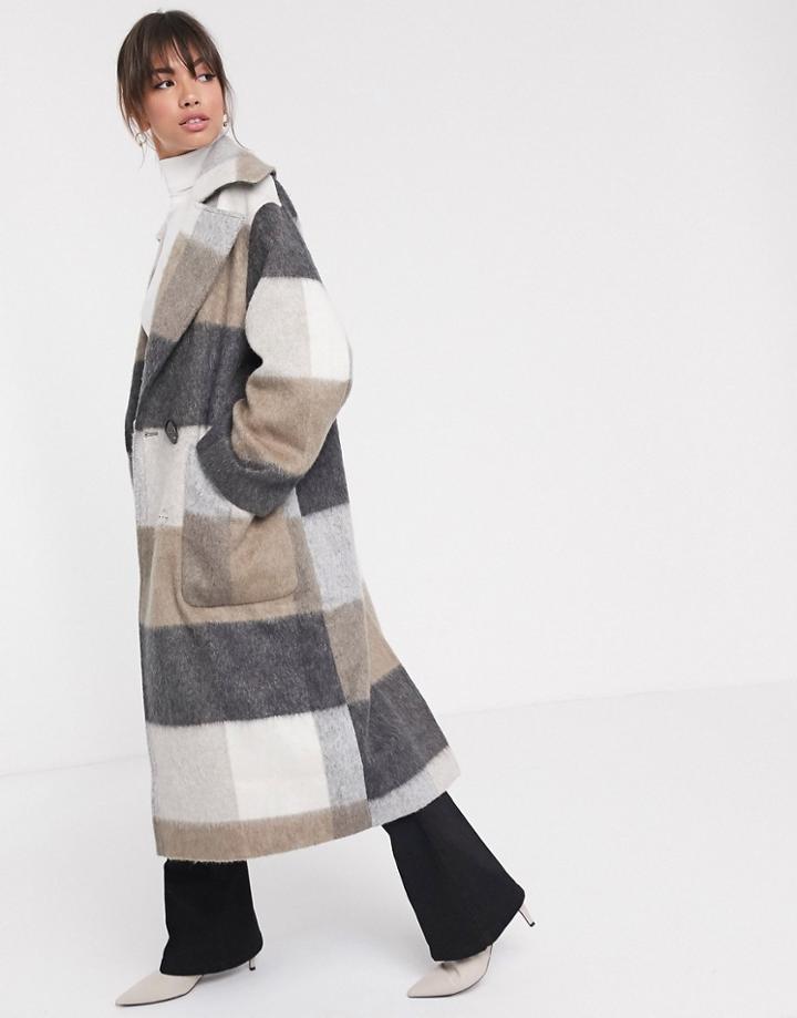 Asos Design Oversized Brushed Maxi Coat In Check-multi