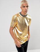 Asos T-shirt In Metallic Gold With Tipping - Gold