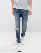 Siksilk Super Skinny Jeans In Mid Wash With Distressing And Zips - Blue