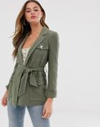Miss Selfridge Longline Utility Jacket In Khaki - Green