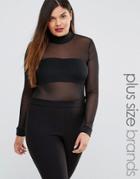 Club L Plus High Neck Sheer Body Top - Black