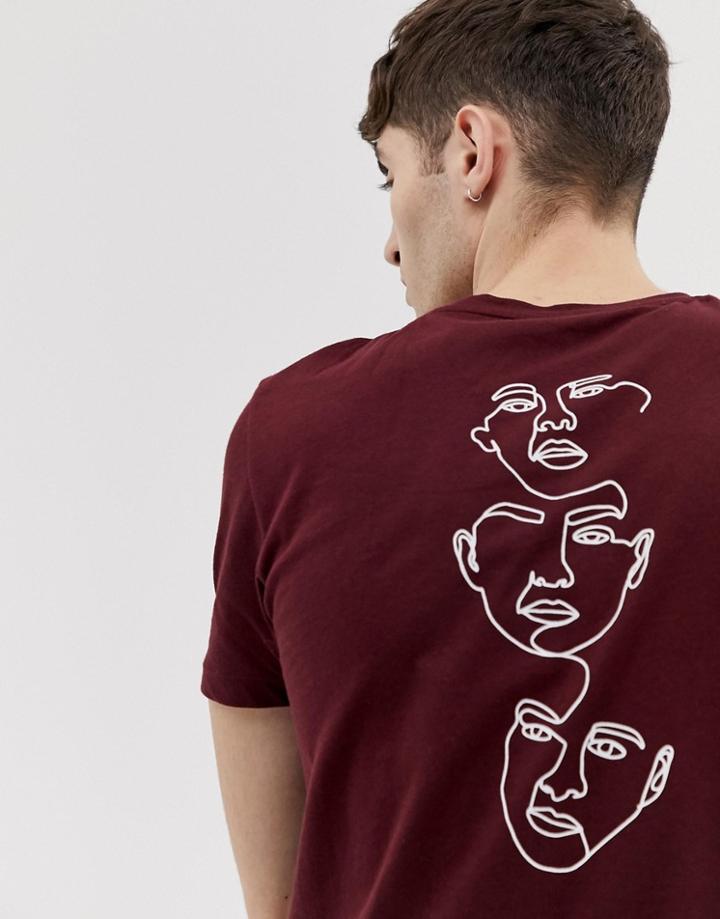 Asos Design T-shirt With Face Sketch Print On Back - Red