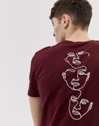 Asos Design T-shirt With Face Sketch Print On Back - Red