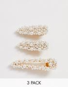 Asos Design Pack Of 3 Hair Clips With Pearl Embellishment In Gold Tone - Gold