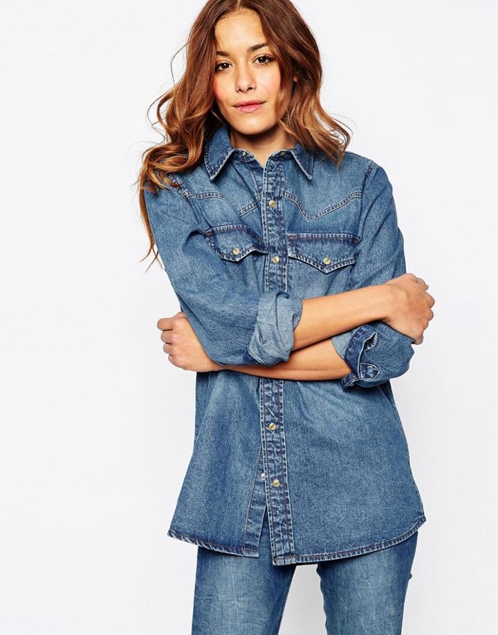 Asos Denim Boyfriend Shirt In Mid-wash Blue - Midwash Blue