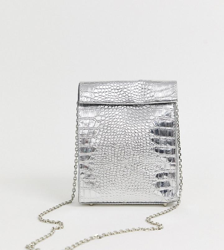 Bershka Croc Cross Body Bag In Silver