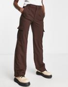 Pull & Bear High Waisted Cargo Straight Leg Pants In Brown