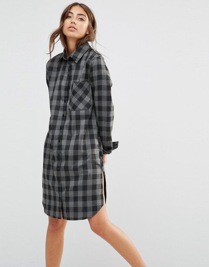 Daisy Street Shirt Dress With Pocket In Check - Charcoal Gray Check