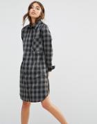 Daisy Street Shirt Dress With Pocket In Check - Charcoal Gray Check