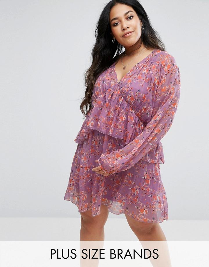 Rage Plus V Neck Frilled Floral Dress - Multi