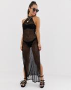Asos Design Glam Halter Neck Fishnet Beach Maxi Dress - Black