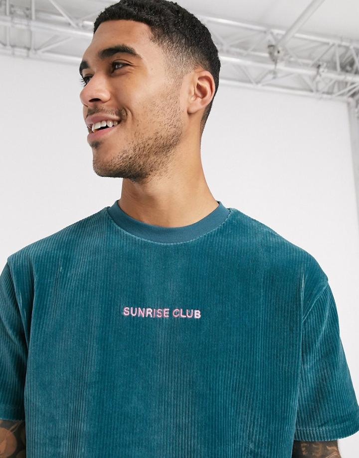 Asos Design Relaxed T-shirt In Cord With Chest Embroidery-green