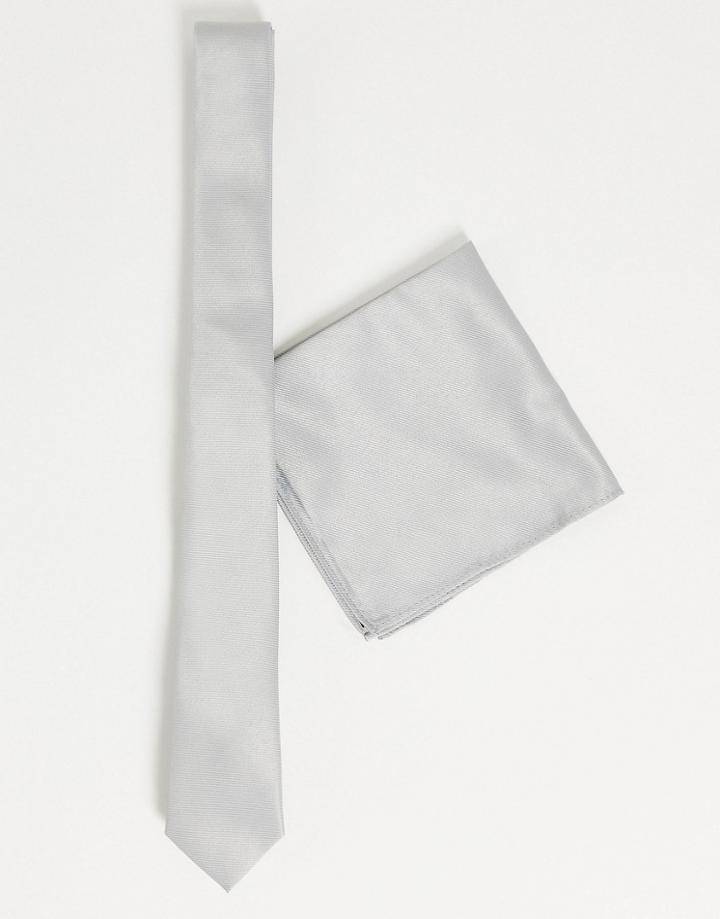 Asos Design Slim Tie And Pocket Square In Silver-grey