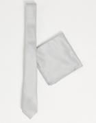 Asos Design Slim Tie And Pocket Square In Silver-grey