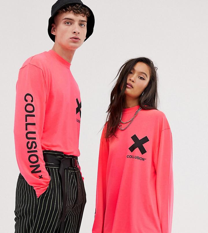 Collusion Unisex Long Sleeve Logo T-shirt In Neon-green