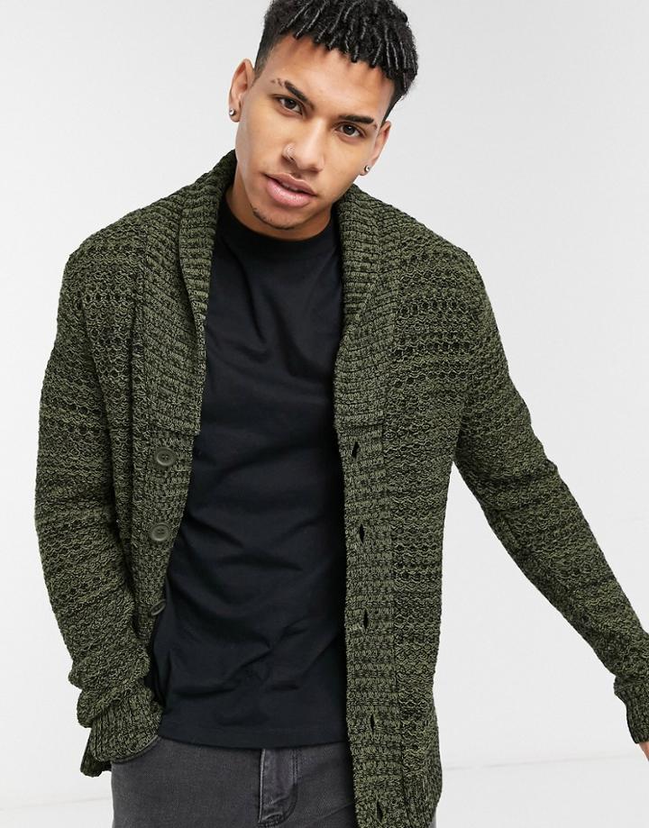 Asos Design Knitted Midweight Button Cardigan In Khaki Twist-navy