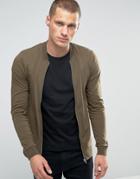 Asos Muscle Fit Jersey Bomber Jacket In Khaki - Green