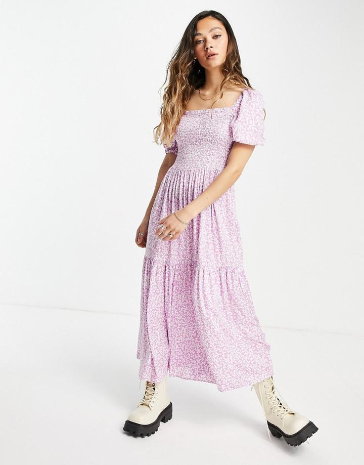 Only Maxi Dress With Shirred Bust And Puff Sleeve In Pink Floral-multi