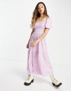 Only Maxi Dress With Shirred Bust And Puff Sleeve In Pink Floral-multi