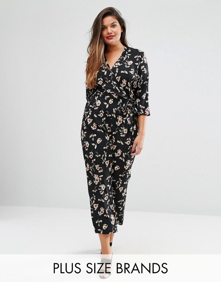 Alice & You Plunge Wrap Floral Jumpsuit - Black