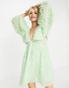 Asos Design V Neck Batwing Mini Dress In Fluffy In Pop Green