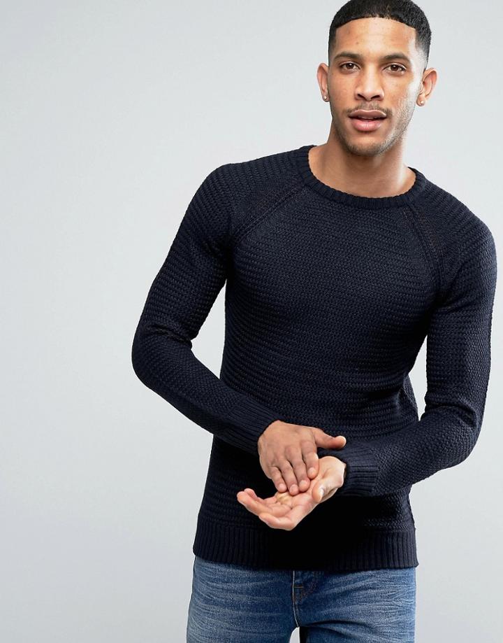 Bravesoul Waffle Knit Crew Neck Sweater - Navy
