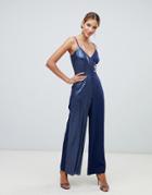 Little Mistress Wrap Front Sequin Contrast Jumpsuit In Navy